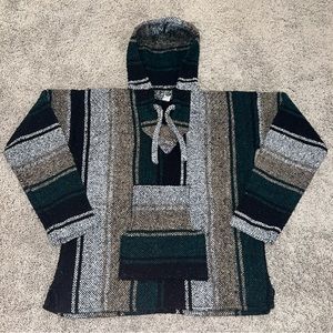Artesanias Men’s Med Baja Mexico Blanket Pullover Poncho Hoodie Blue Medium EUC